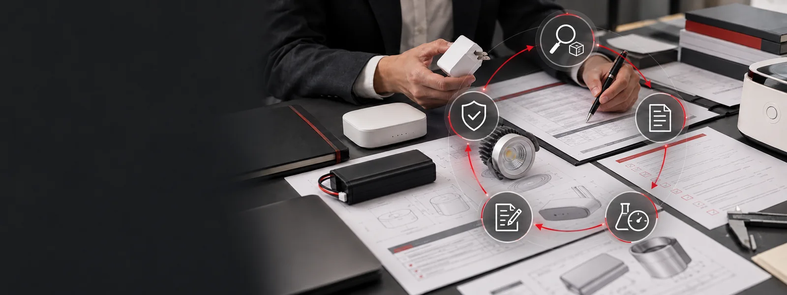 A regulatory advisor reviewing product samples and documentation alongside the product compliance cycle